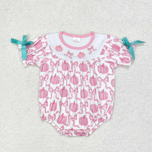 SR1904  Pumpkin Bows Embroidery Pink Baby Girls Fall Romper