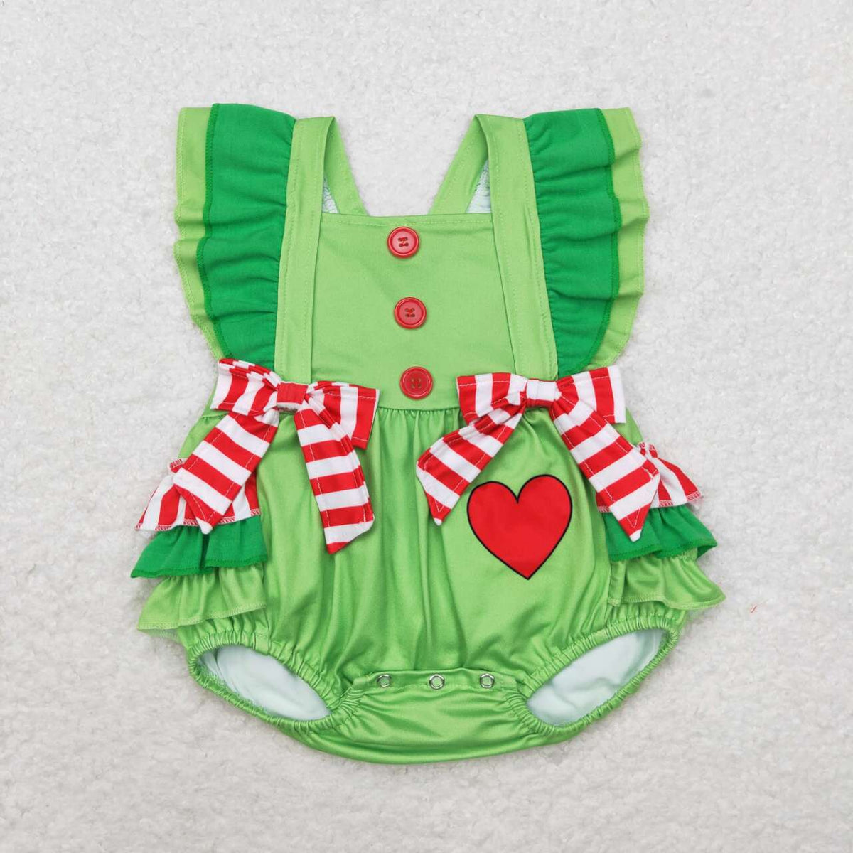 SR1912  Heart Print Baby Girls Christmas Green Ruffles Bubble Romper