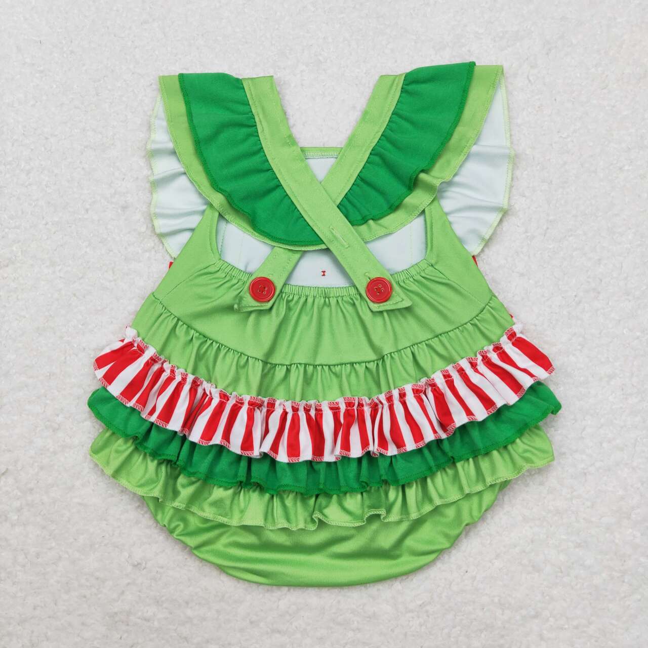 SR1912  Heart Print Baby Girls Christmas Green Ruffles Bubble Romper