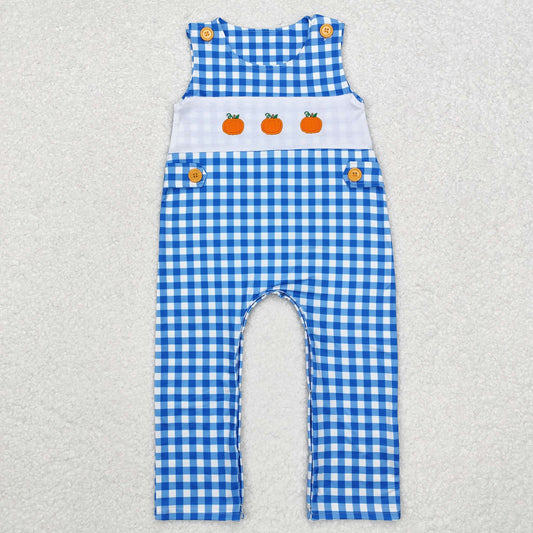 SR1949  Pumpkin Embroidery Blue Checkered Baby Boys Fall Sleeveless Romper