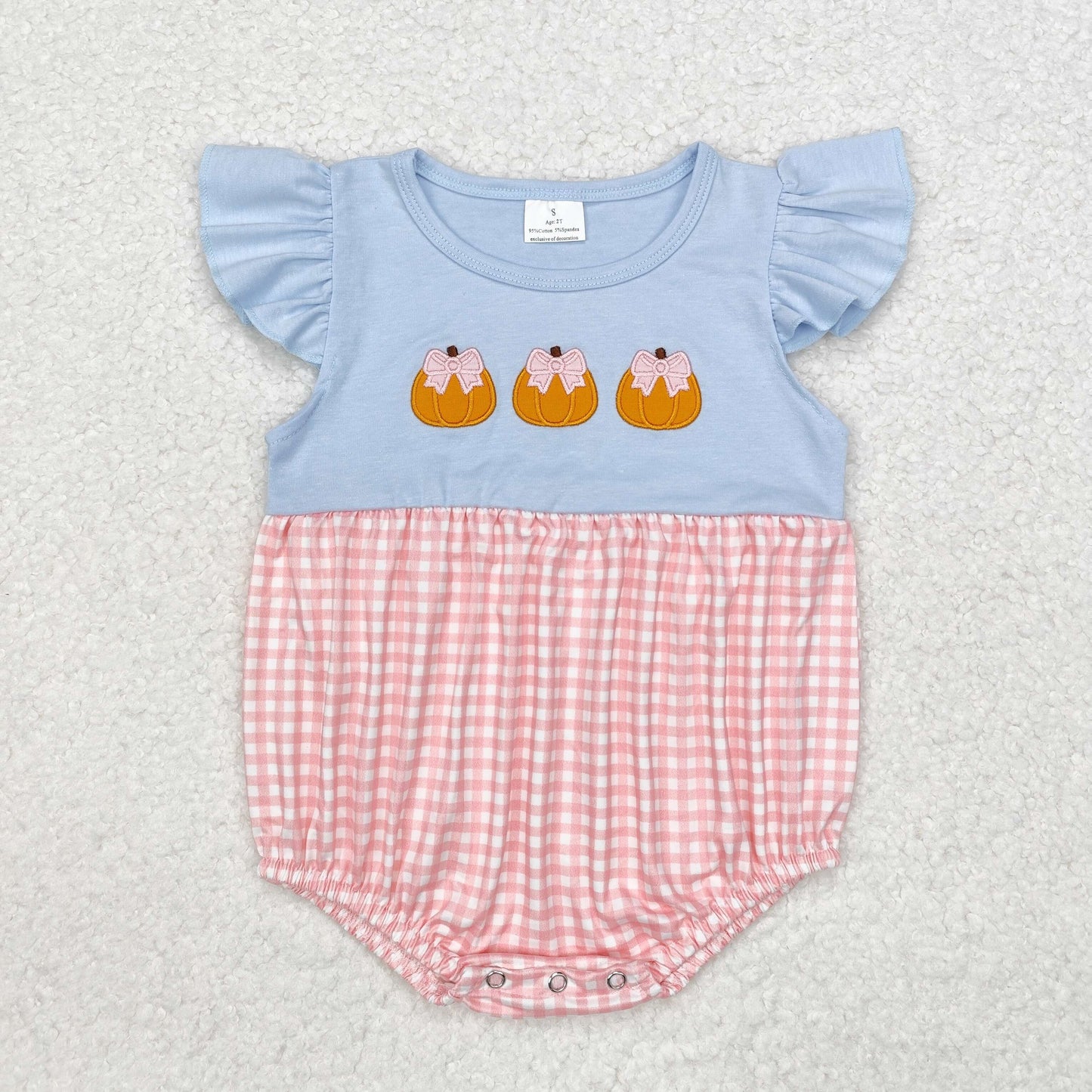 SR1962  Pumpkin Bows Embroidery Pink Checkered Baby Girls Fall Romper