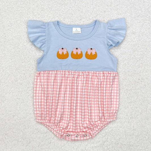 SR1962  Pumpkin Bows Embroidery Pink Checkered Baby Girls Fall Romper