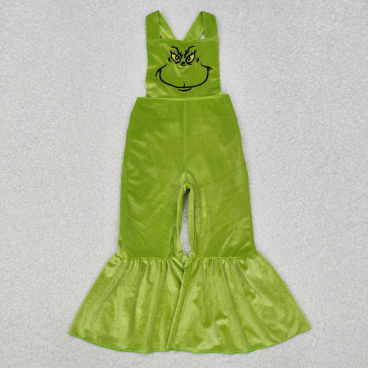 SR2013 Green Frog Smiling Embroidery Lime Velvet Baby Girls Christmas Strap Overall Jumpsuits
