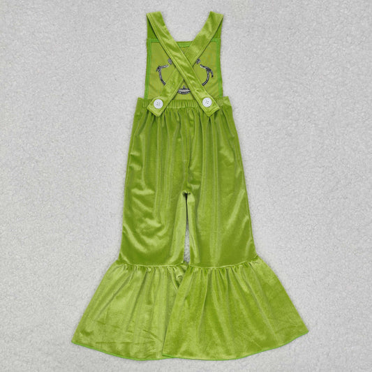 SR2013 Green Frog Smiling Embroidery Lime Velvet Baby Girls Christmas Strap Overall Jumpsuits