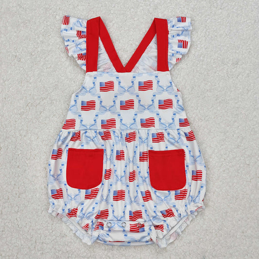 SR2331 Flag Bows Pockets Baby Girls 4th of July Strap Romper
