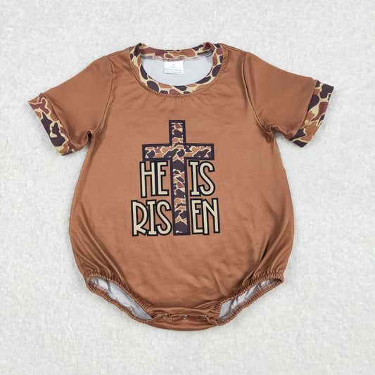 Sibling Baby Boys Brown Camo Cross He is Risen Pockets Shorts Easter Clothes Set Rompers