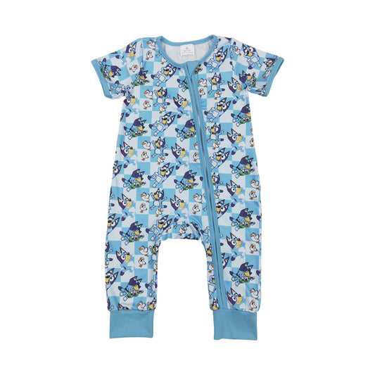 Baby Boys Cartoon Dog Blue Checked Short Sleeve Zipper Romper