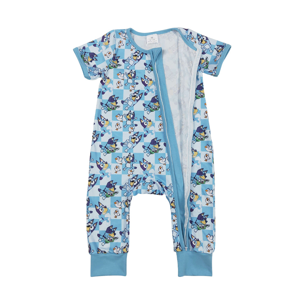 Baby Boys Cartoon Dog Blue Checked Short Sleeve Zipper Romper