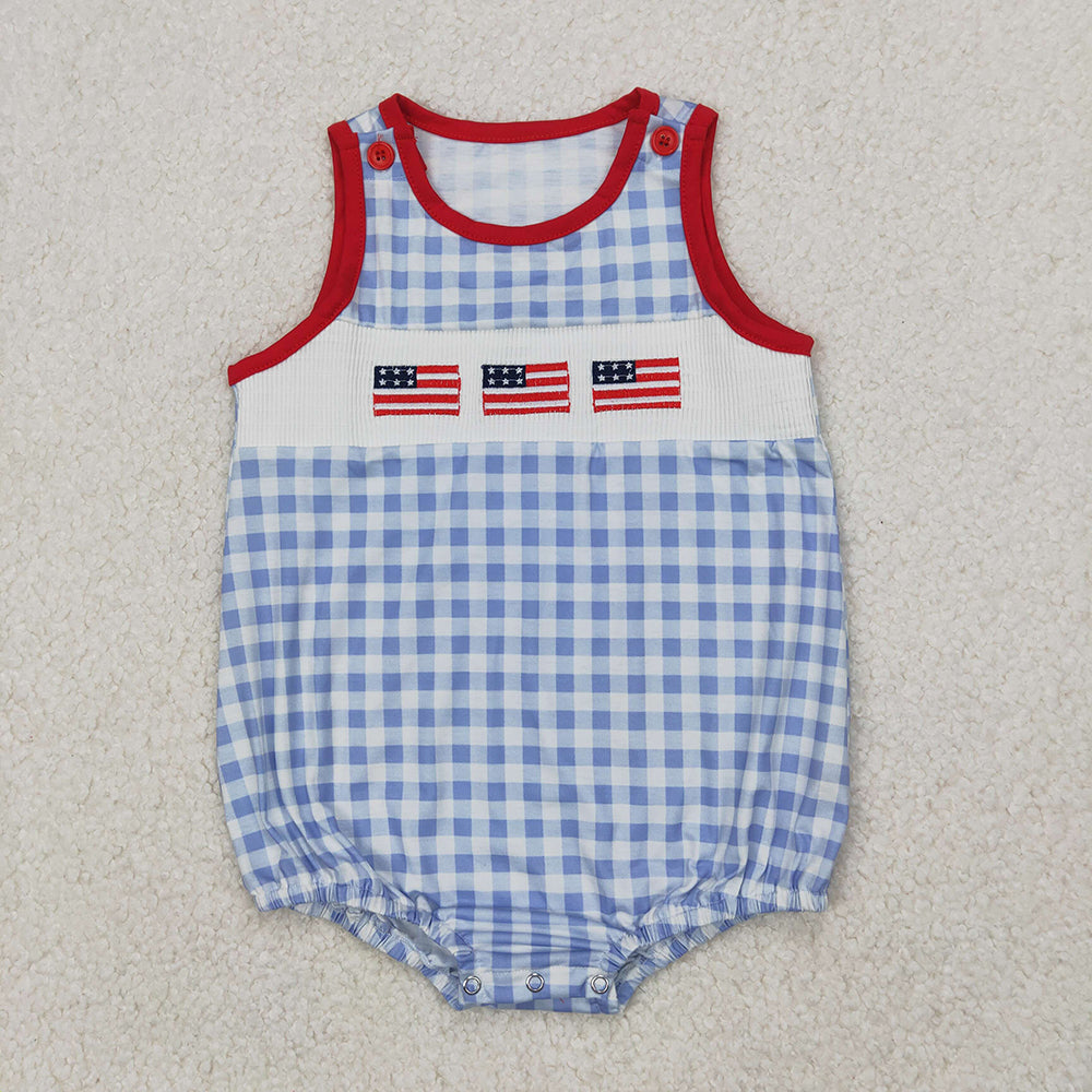 SR2572 Flag Embroidery Blue Plaid Baby Boys 4th of July Smocked Romper