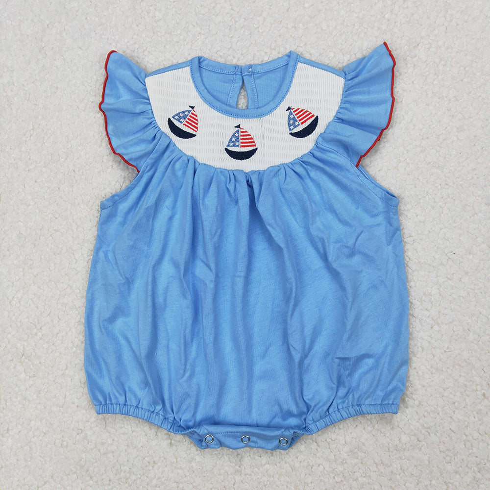 SR2573 Flag Sailboat Embroidery Blue Cotton Baby Girls 4th of July Romper