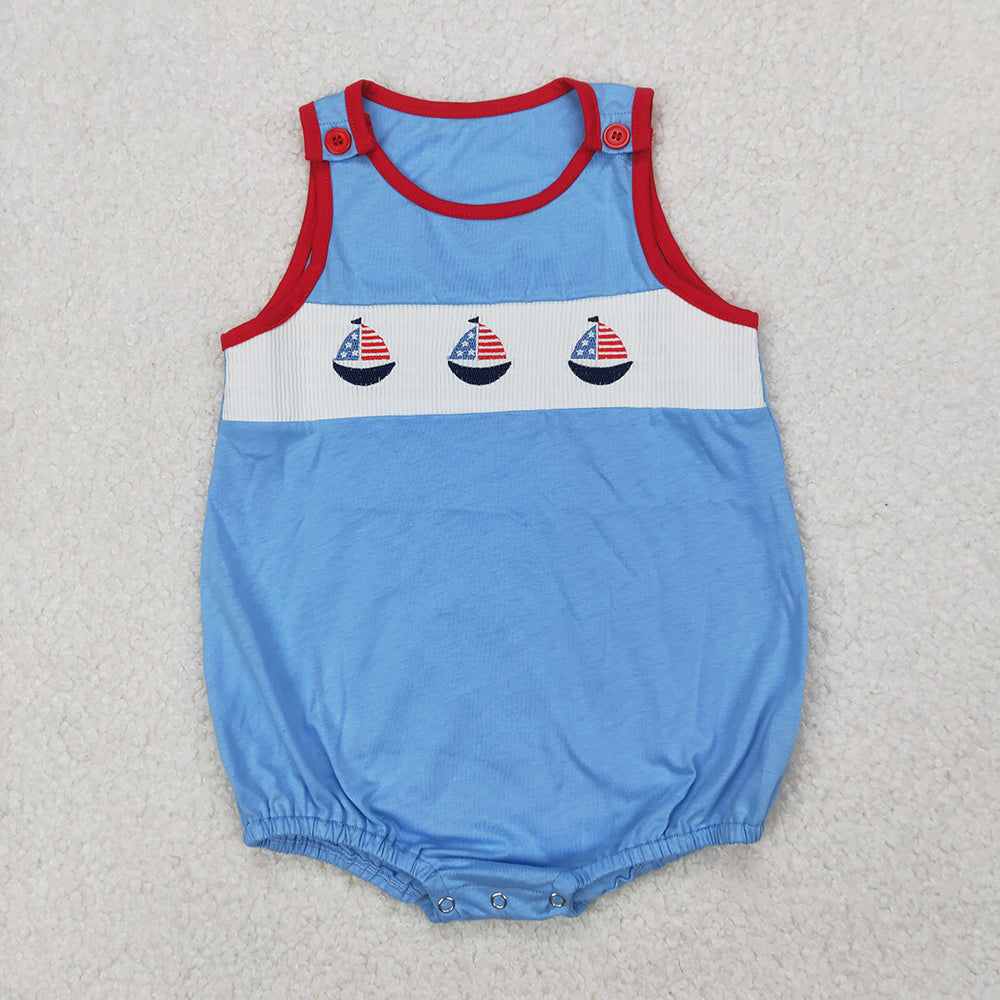 SR2574 Flag Sailboat Embroidery Blue Cotton Baby Boys 4th of July Romper