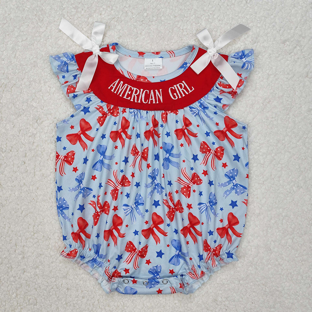 SR2589 AMERICAN GIRL Embroidery Stars Bows Baby Girls 4th of July Romper