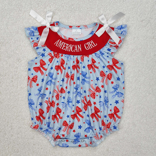 SR2589 AMERICAN GIRL Embroidery Stars Bows Baby Girls 4th of July Romper