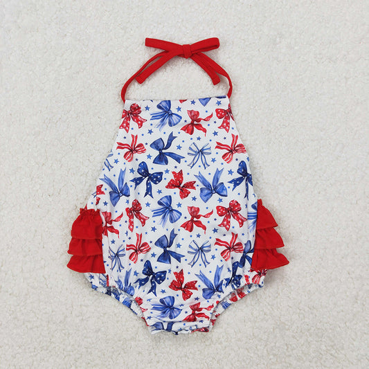 SR2591 Stars Bows Baby Girls 4th of July Halter Ruffles Bubble Romper