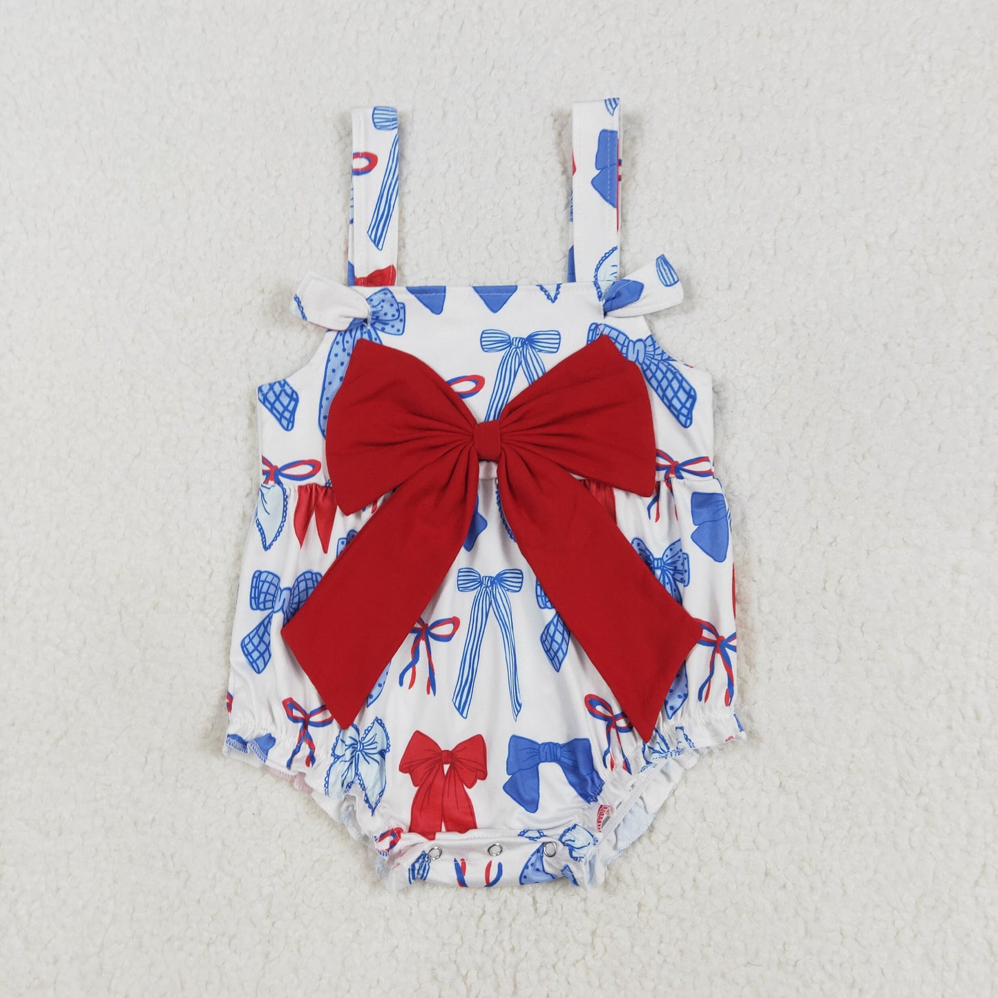 Sibling Baby Girls Strap Western Cows 4th of July Bow Top Ruffle Rompers