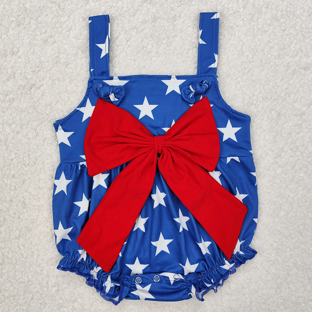 SR2607 Blue Stars Bow Baby Girls 4th of July Strap Romper