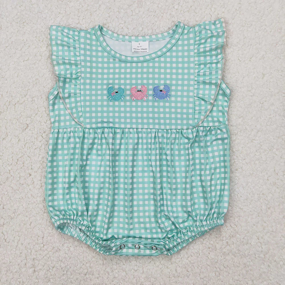 Sibling Embroidery Baby Girls Crabs Bows Rompers Outfits Sets