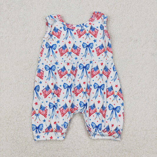 SR2681 Flag Stars Bows Baby Girls 4th of July Sleeveless Romper