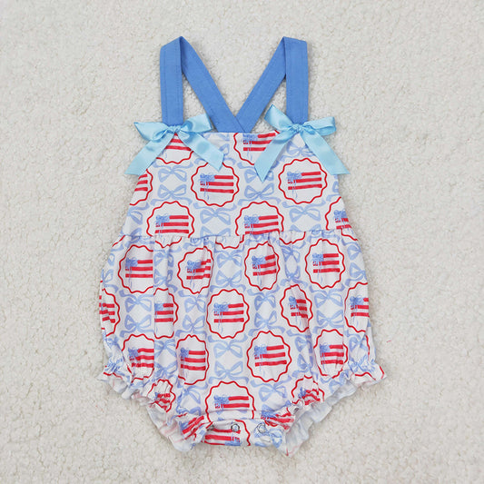 SR2691 Flag Bows Baby Girls 4th of July Strap Romper