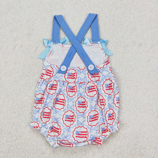 SR2691 Flag Bows Baby Girls 4th of July Strap Romper