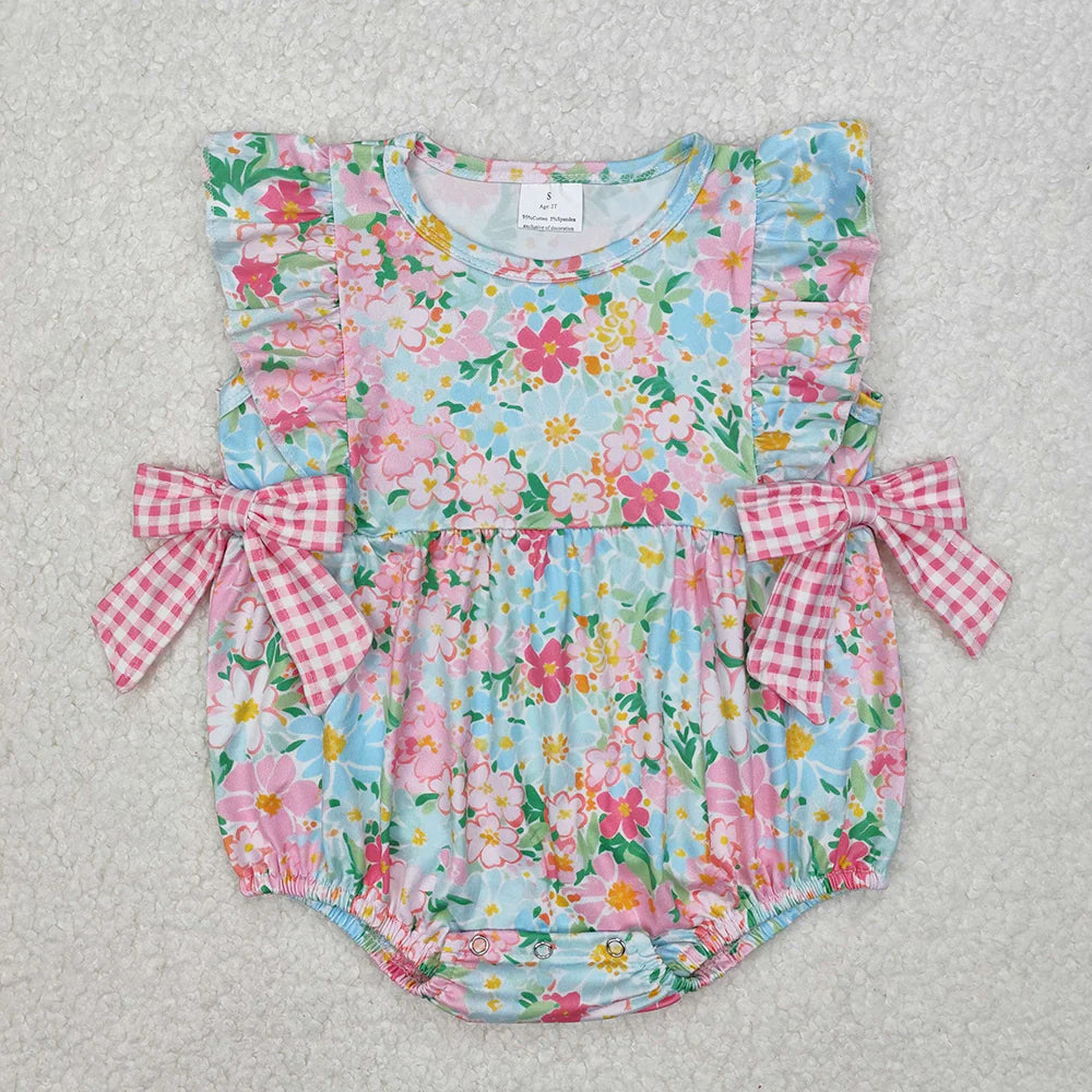 Sibling Baby Girls Blue Pink Flowers Rompers Dresses Outfits Sets