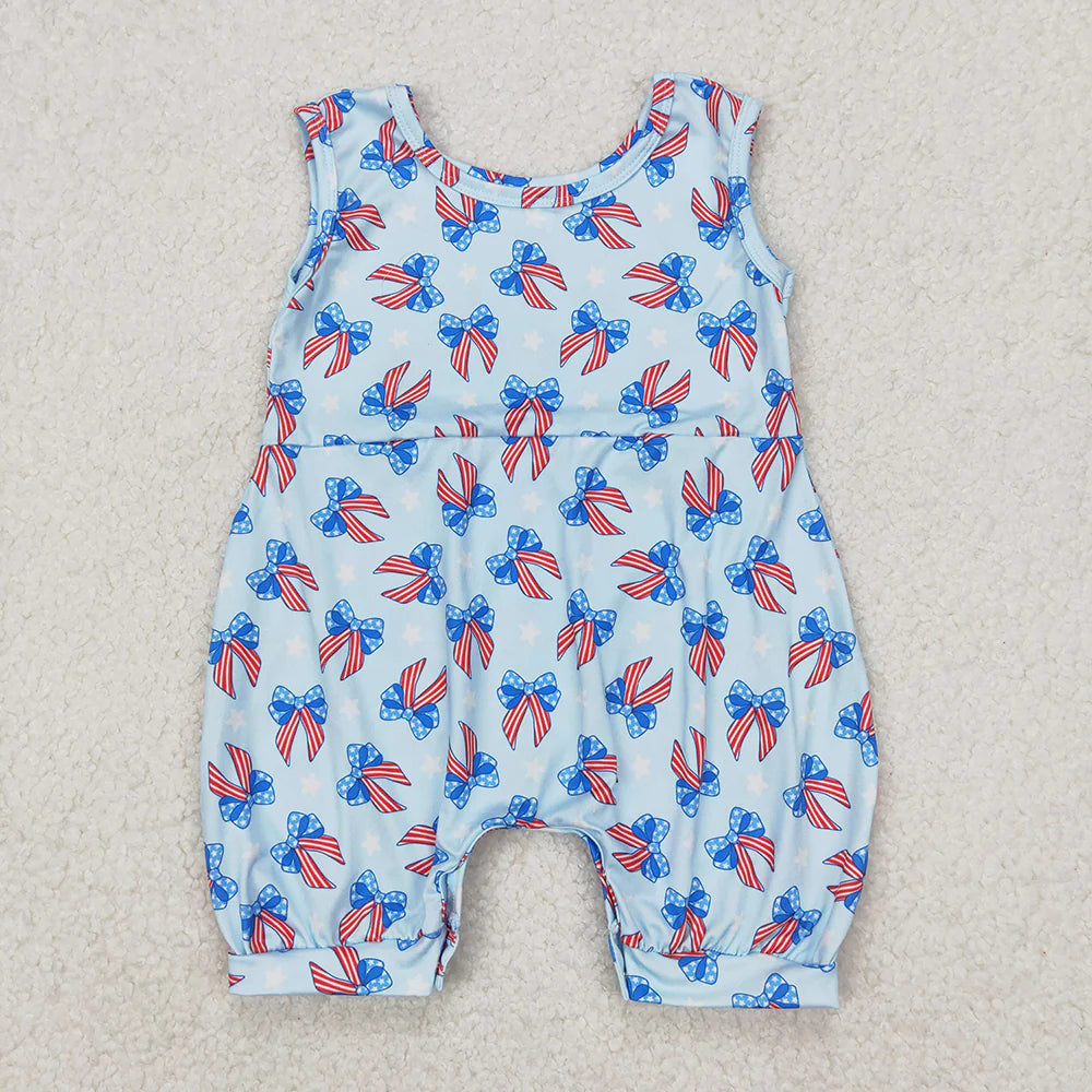 Sibling Baby Girls 4th Of July Bows Sleeveless Rompers Dresses