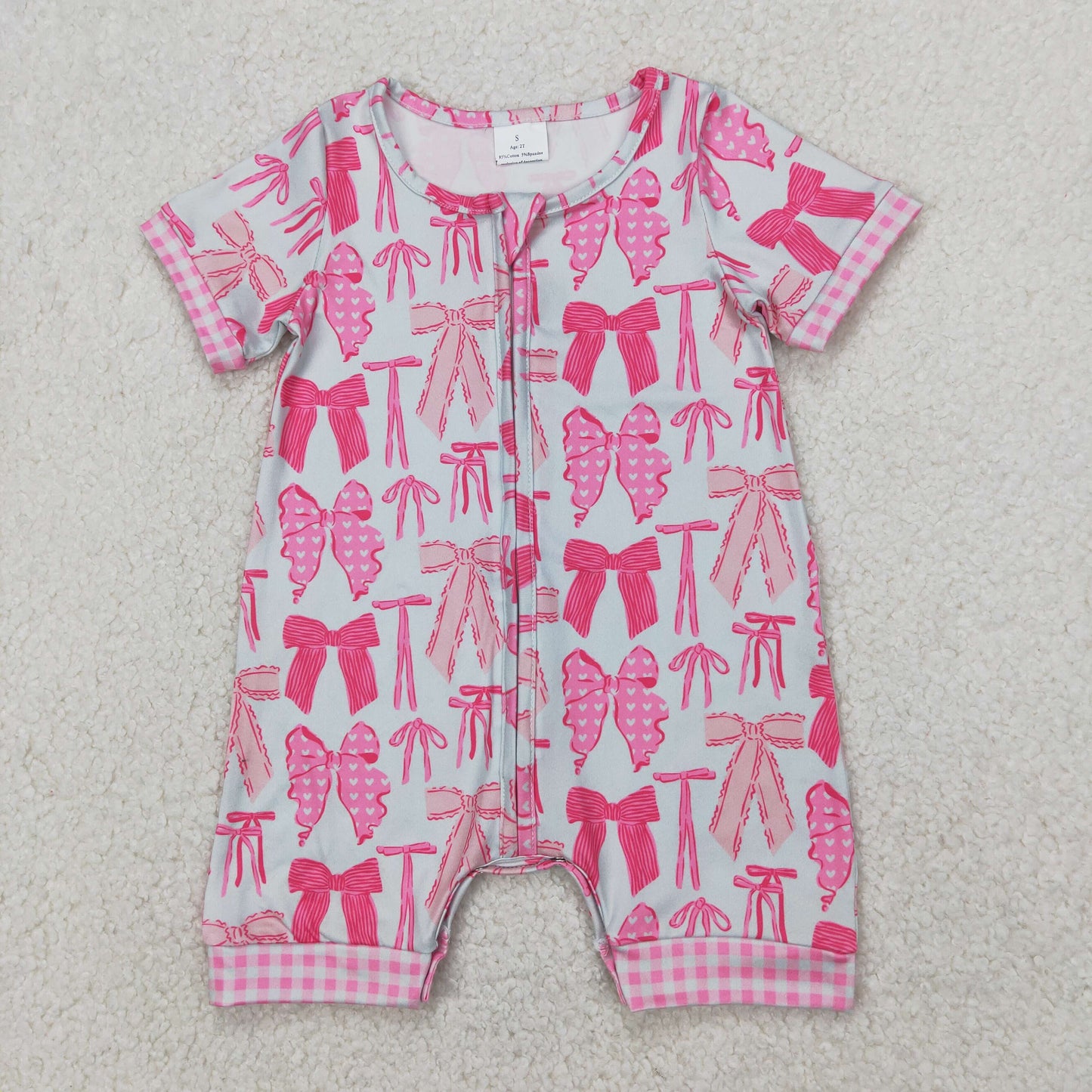 Toddler Girl Sibling Pink Bow Print  Outfit +Short Sleeve Zipper Romper