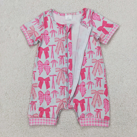 Toddler Girl Sibling Pink Bow Print  Outfit +Short Sleeve Zipper Romper