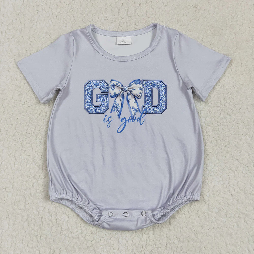 Baby Infant Girls Grey God Is Good Bow Rompers