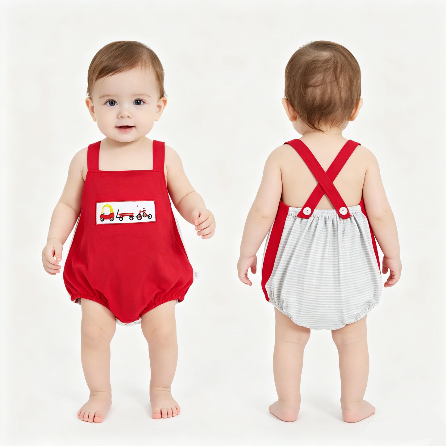 SR2849 Baby Bicycle Embroidery Baby Boys Strap Bubble Romper