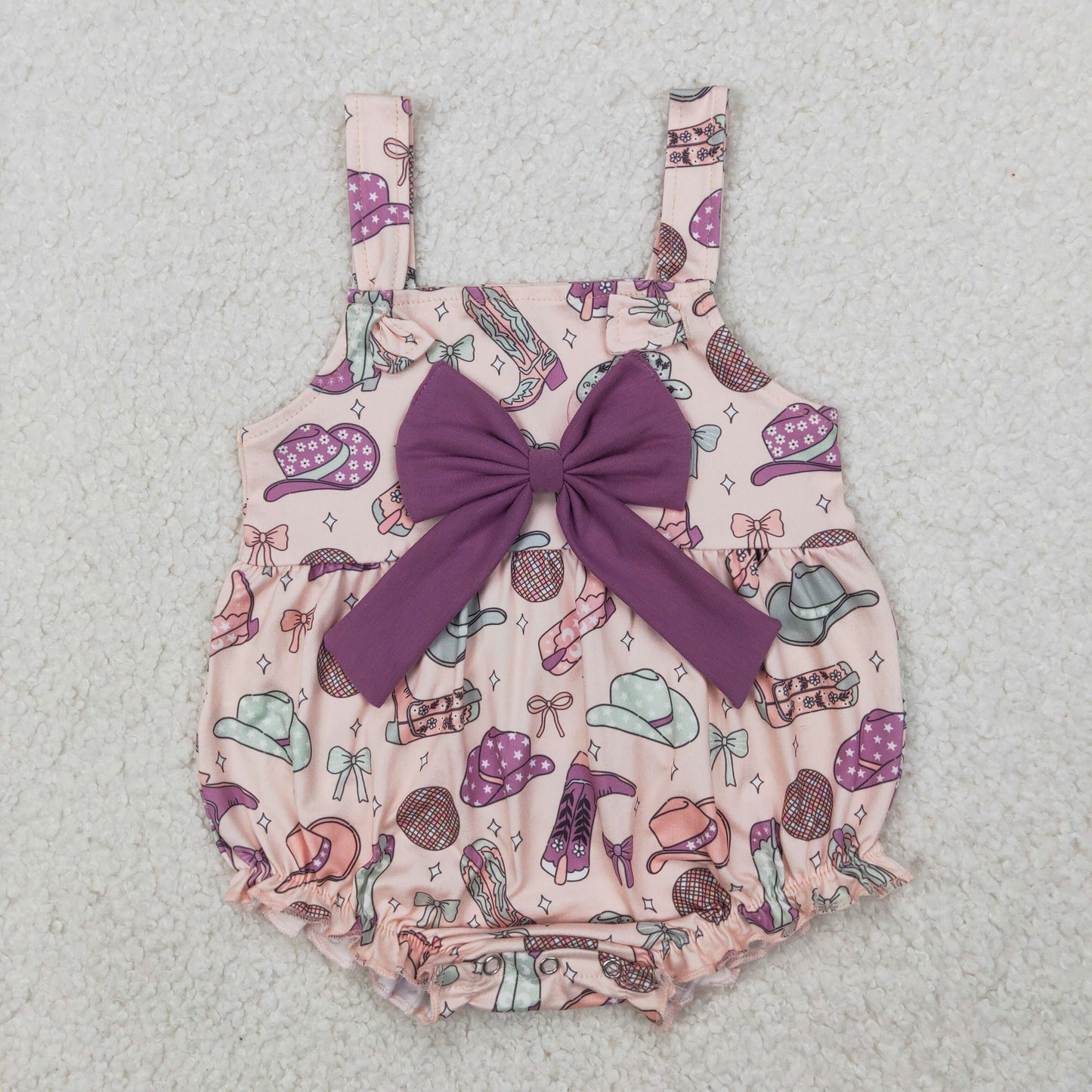 Sibling Baby Girls Strap Western Cows 4th of July Bow Top Ruffle Rompers
