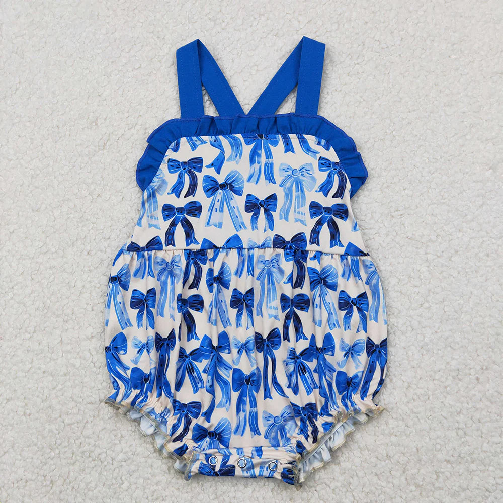 Baby Infant Girls Blue Strap Bows Ruffle Rompers