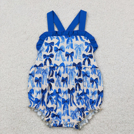 Baby Infant Girls Blue Strap Bows Ruffle Rompers