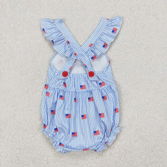 SR2921 Flag Blue Stripes Baby Girls 4th of July Strap Bubble Romper