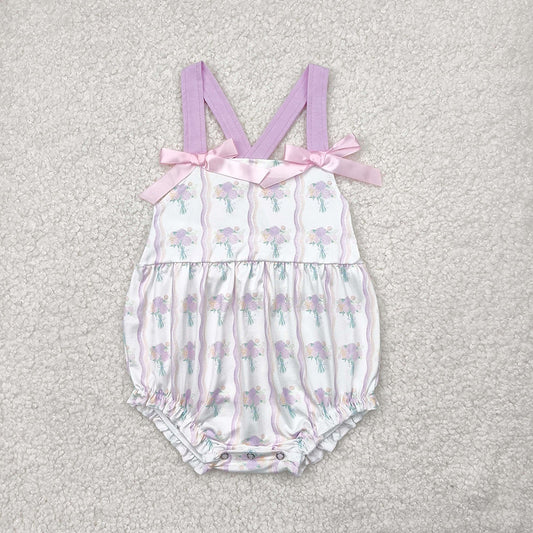Baby Infant Girls Lavender Bows Strap Floral Stripe Ruffle Rompers