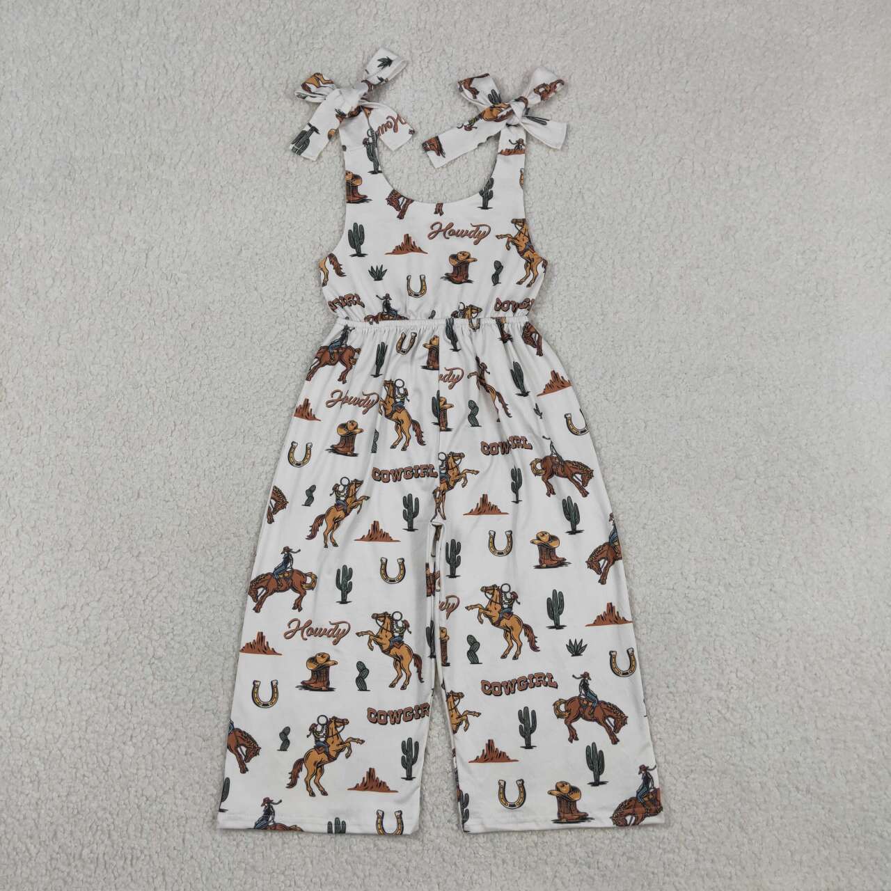 SR2969 Cowgirl Howdy Boots Cactus Print Girls Summer Strap Jumpsuits