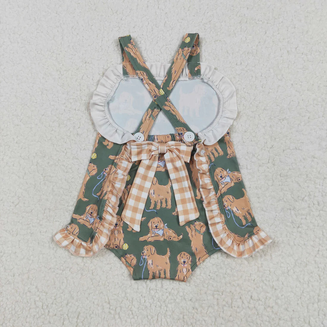 Sibling Baby Girls Green Sleeveless Dogs Bows Tunic Khaki Plaid Ruffle Shorts Sets Romper