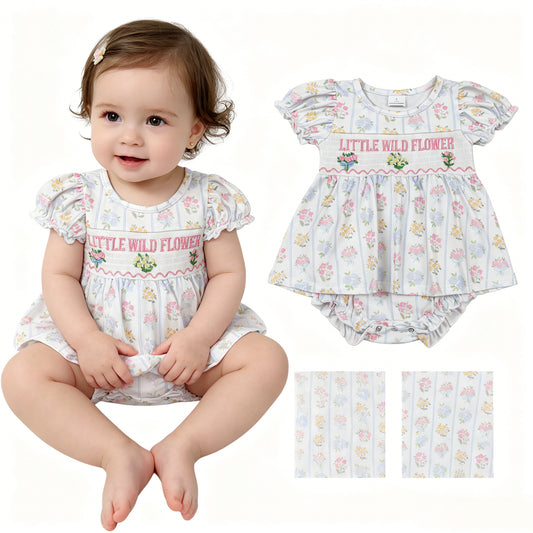 SR3043 Little Wild Flower Embroidery Baby Girls Summer Smocked Romper