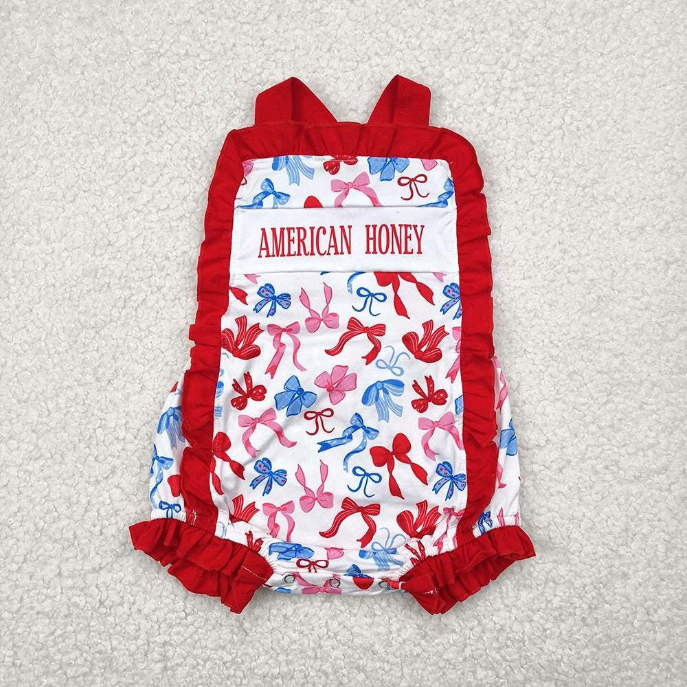 SR3048 AMERICAN HONEY Bows Baby Girls 4th of July Ruffle Backless Strap Romper