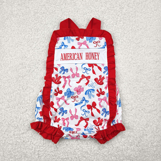 SR3048 AMERICAN HONEY Bows Baby Girls 4th of July Ruffle Backless Strap Romper