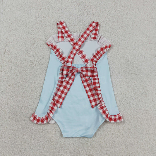 SR3055 County Fair Blue Print Baby Girls Summer Ruffle Backless Romper
