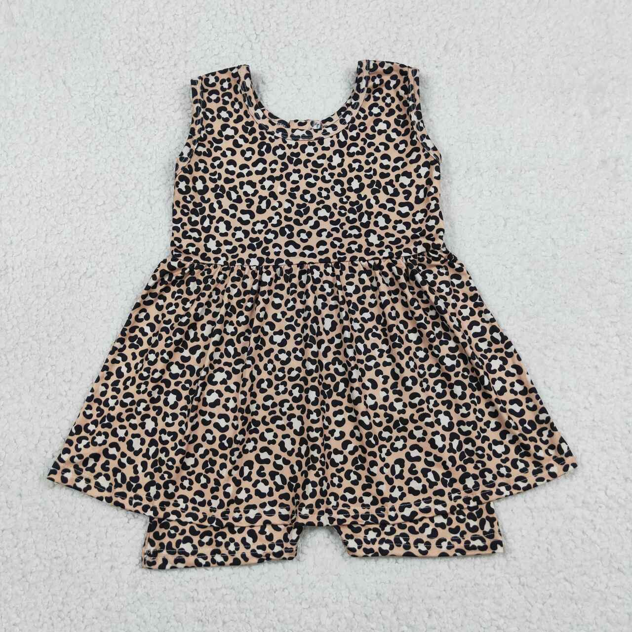 SR3070 Leopard Girls Zipper Skirted Jumpsuits Baby Summer Romper