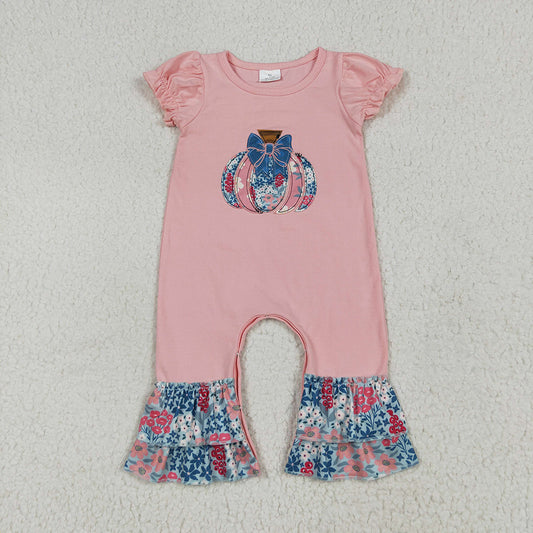 SR3112 Pumpkin Embroidery Flowers Ruffles Baby Girls Fall Romper