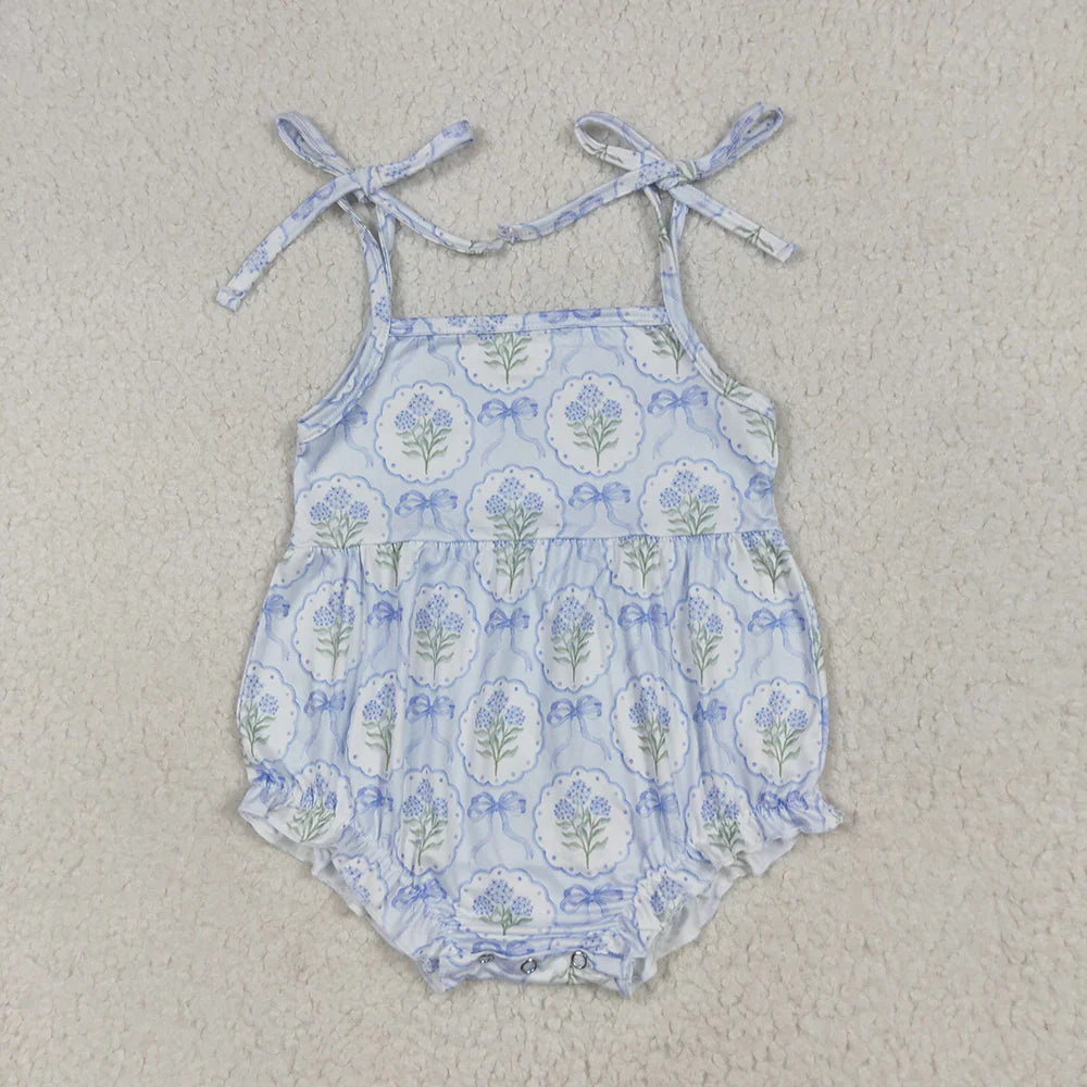 Baby Girls Blue Strap Bows Flowers Plaid Ruffle Rompers