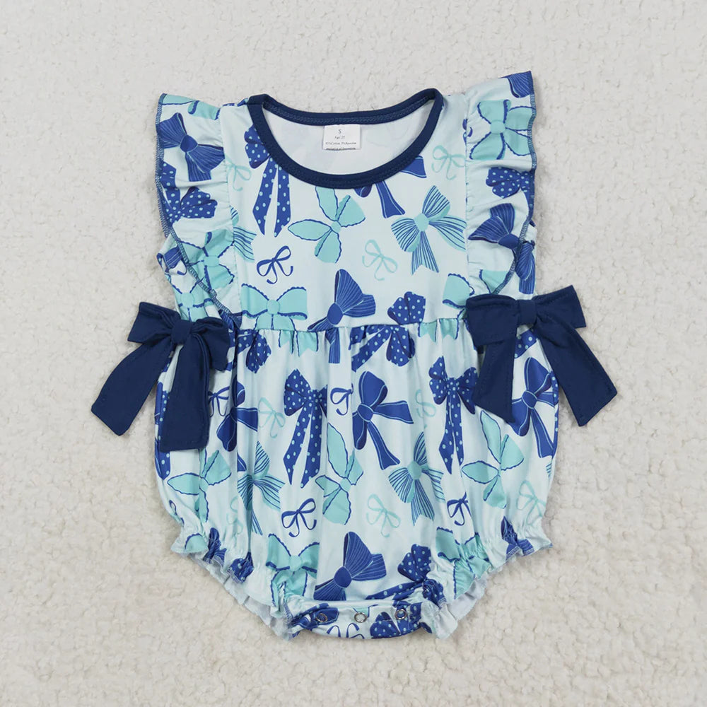 Baby Girls Hot Blue Flutter Sleeves Bows Plaid Ruffle Rompers