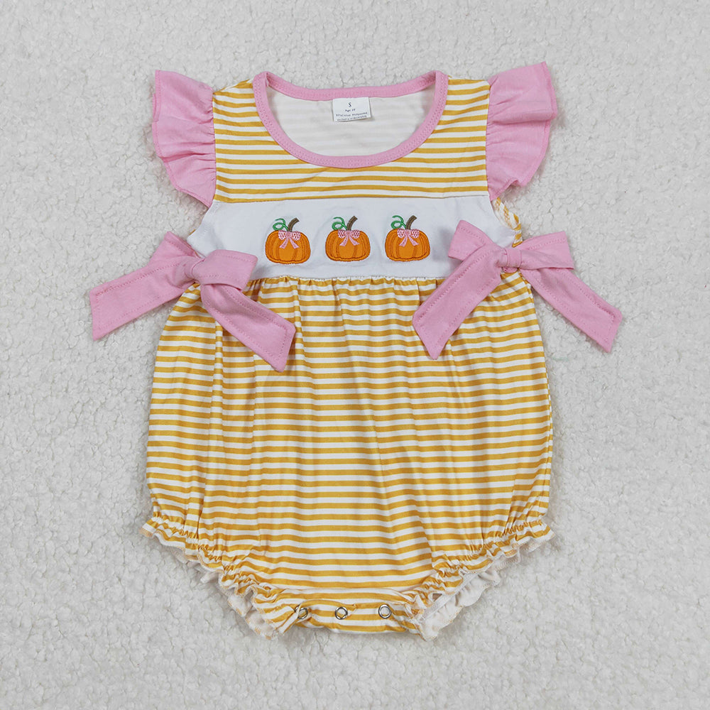 SR3125 Pumpkin Bows Embroidery Stripes Baby Girls Fall Romper