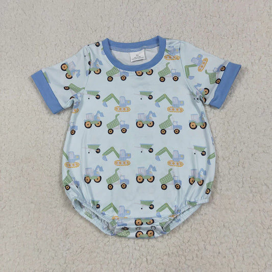 Baby Boys Short Sleeves Blue Excavators Plaid Rompers