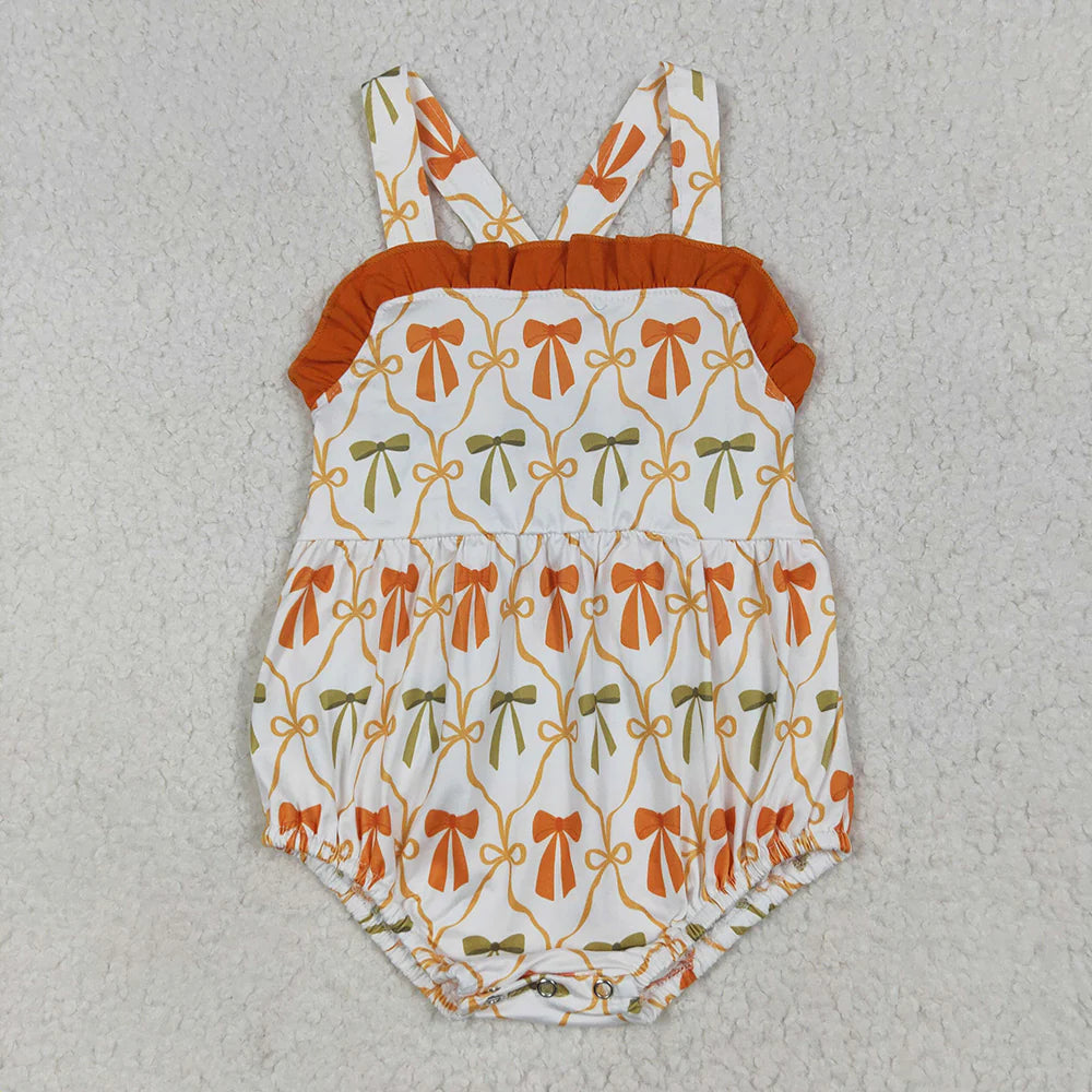 Baby Girls Strap Orange Bows Plaid Ruffle Rompers