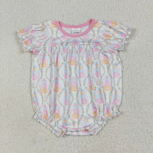 Baby Girls Short Sleeves Pumpkins Bows Plaid Ruffle Rompers