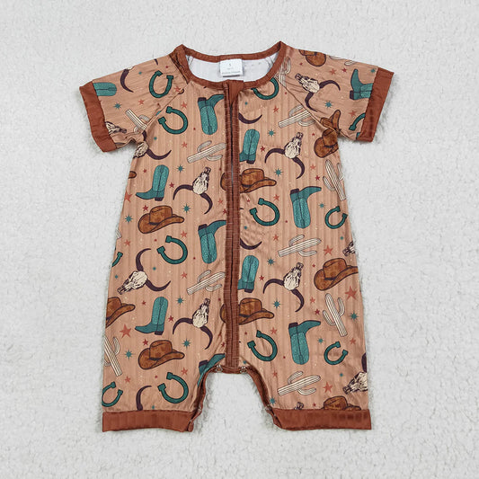 Baby Girls Short Sleeves Brown Boots Hats Western Bull Zipper Rompers